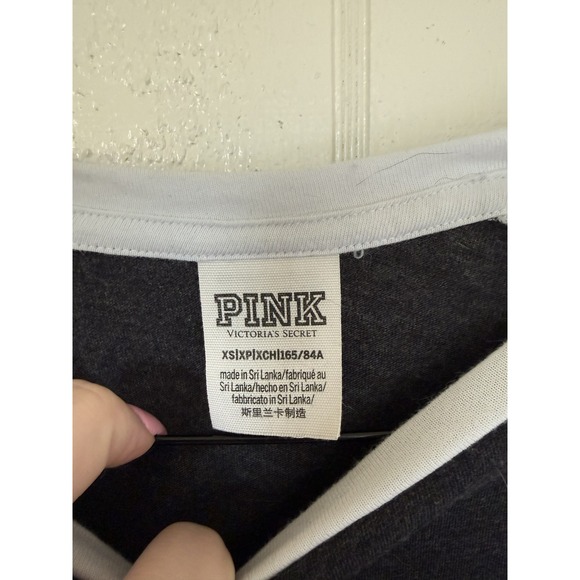 PINK Victoria's Secret Raglan Baseball Tee Gray White Glitter Logo XS - Picture 2 of 3